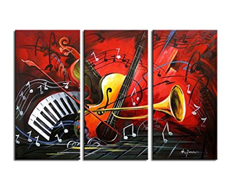 Noah Art-Modern Music Wall Art, 100% Hand Painted Musical Instruments Contemporary Abstract Oil Paintings On Canvas, 3 Panel Framed Inspirational Wall Art for Kids Room Wall Decor, 12x30inch x 3 Pcs