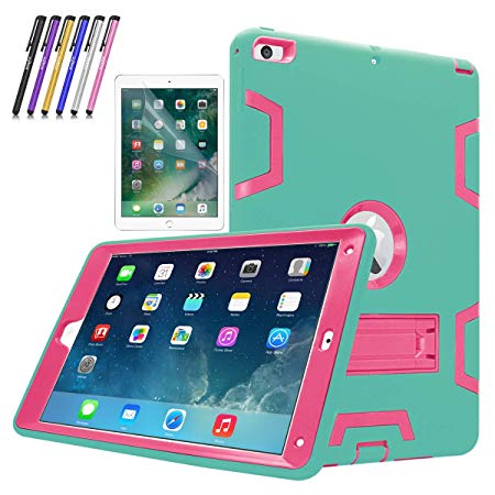 New iPad 9.7" Case, Mignova Heavy Duty Rugged Hybrid Protective Case with Build in Kickstand for iPad 5th 6th Generation 2017/2018 A1822/A1823   Screen Protector Film and Stylus Pen (Blue/Pink)
