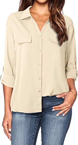 Lotusmile Women's Dressy Lapel Button Down Shirts for Work Office Business Casual Chiffon Blouse Tops