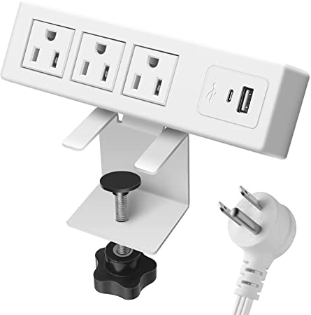 White Desktop Clamp Power Strip with USB, Surge Protector Power Charging Station Outlet with 3 Plugs 1 USB A 1 USB C PD Fast Charging Outlets, Desk Mount Multi-Outlets for Home Office Garage Workshop