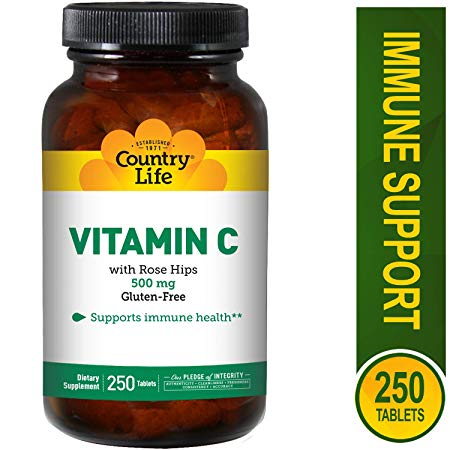 Country Life Vitamin C 500 mg with Rose Hips, Tablets, 250-Count
