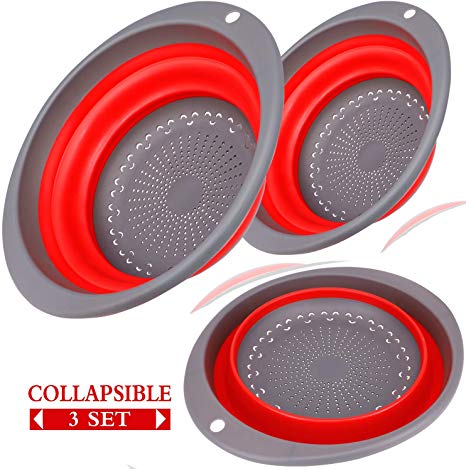 3-Packs Red Oval Kitchen Collapsible Colander Set - 2 pcs 4 Quart and 1 pc 2 Quart - Space-Saving BPA Free Silicone Foldable Food Strainer for Draining Pasta, Vegetable and Fruit