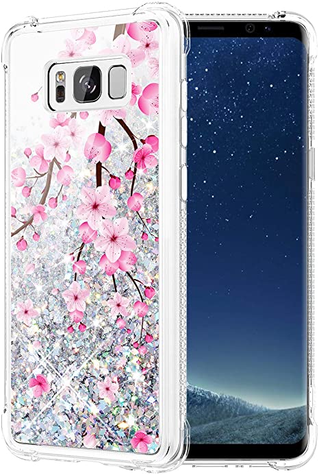 Caka Case for Galaxy S8 Plus, Galaxy S8 Plus Glitter Case Flower Cherry Blossom Bling Luxury Fashion Flowing Quicksand Liquid Sparkle Glitter Case for Women Girls for Samsung Galaxy S8 Plus (Cherry)