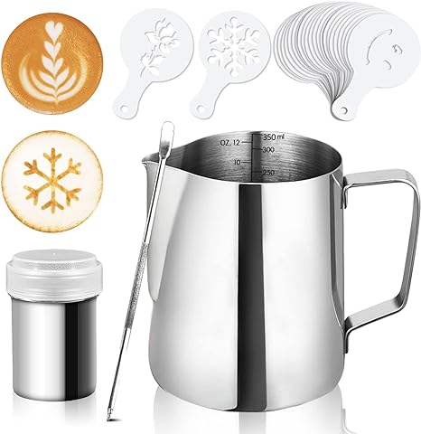 Artcome 12oz/350ml Stainless Steel Milk Frothing Pitcher with Measurement Inside - Cappuccino Pitcher Pouring Jug Espresso Cup - Perfect for Espresso Machines, Milk Frothers, Latte Art (33 PCS)