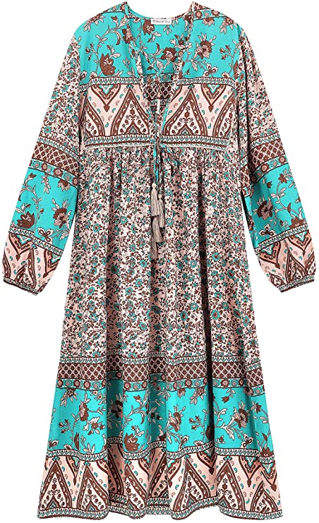 R.Vivimos Women's Long Sleeve Floral Print Retro V Neck Tassel Bohemian Midi Dresses