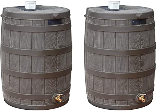 Good Ideas Rain Wizard 50 Gallon Plastic Rain Barrel Water Collector with Brass Spigot, Oak (2 Pack)
