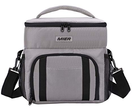 MIER Dual Compartment Insulated Lunch Box Bag Cooler Tote Meal Prep Bag for Fitness, Picnic, Beach, Travel, Work, Car, Grocery, Camping, Grey