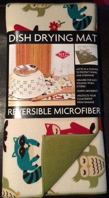 Owl Raccoon Fox Reversible Microfiber Dish Drying Mat