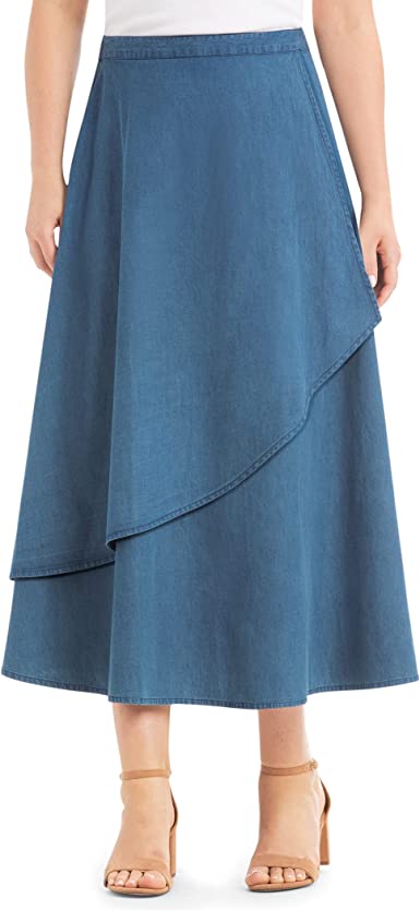 Collections Etc Asymmetric Tiered Long Cotton Denim Skirt | Machine Wash |34 Inch Length