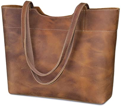 S-ZONE Vintage Genuine Crazy Horse Leather Tote Shoulder Bag Purse with Back Zipper Pocket