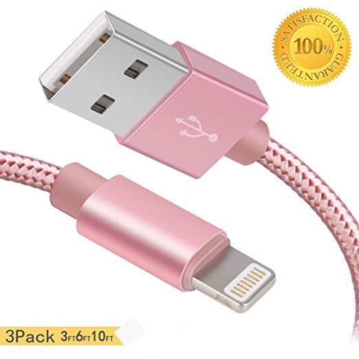 Lightning cable, ANSUDA iPhone Charger 3PACK 3FT/6FT/10FT Nylon Braided 8 pin Charging Cables USB Charger Cord, Compatible for iPhone X / 8 / 7 / 7 Plus / 6 / 6 Plus / iPad and more (Pink)