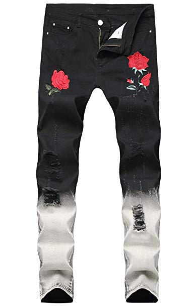 Sarriben Men's Slim Fit Stretch Pants Ripped Black Jeans with Floral Rose Embroidery