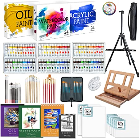 Jumbl Deluxe Painting Kit | 131-Piece Professional Art Set w/ 72 Oil, Acrylic & Watercolor Paints, Color Wheel & Palette, Wooden Desk & Standing Field Easels, 8 Canvases, 4 Sketch Books & 4 Brush Sets