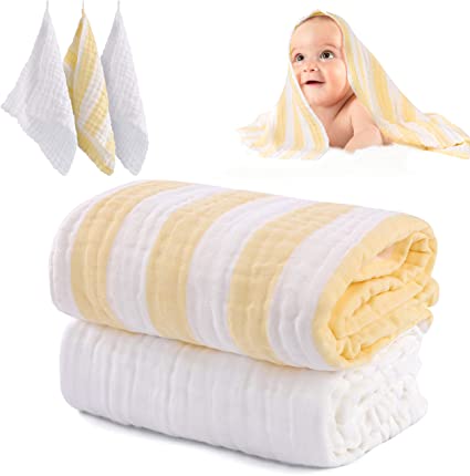 Muslin Baby Bath Towel Set, HardNok 2 Large Gauze Super Soft Baby Bath Towel and 3 Washcloths, 6 Layers 100% Cotton Infant Towel Newborn Towel Blanket Suitable for Baby's Delicate Skin