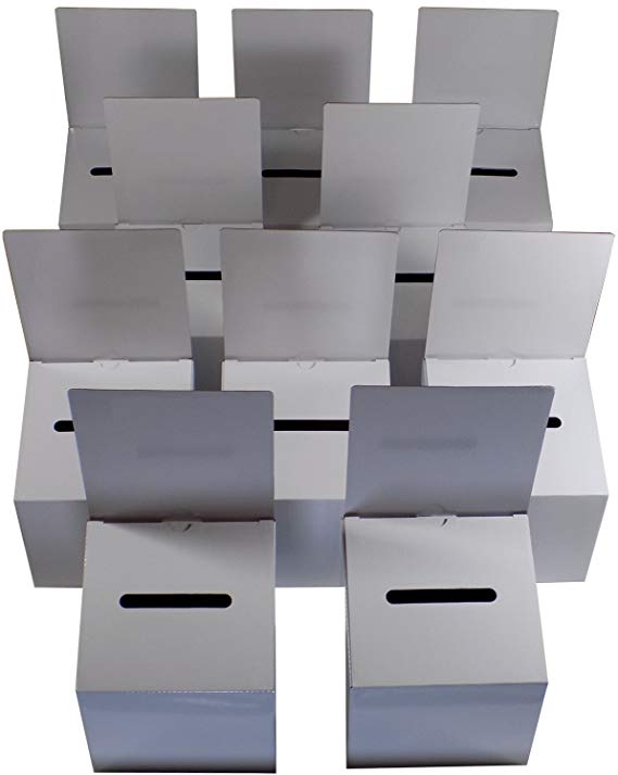 10 Pack Ballot Boxes Medium Size Cardboard Glossy White with Blank Labels