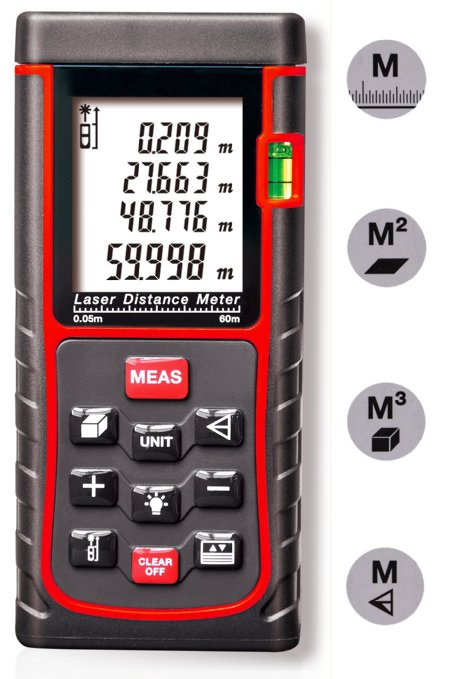 Arama Handheld Digital Laser Distance Meter Measuring Tester Range Finder with Large Backlit LCD 4 Line Display, Bubble Level, Self Calibration Rangefinder (LDM-E60 60m 196ft)