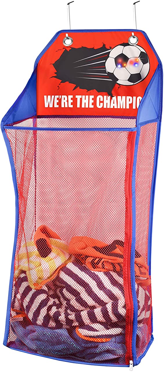 Store & Score Over The Door Hanging Kids Fun LED Soccer Light-Up Collapsible Mesh Laundry Hamper Basket, Toy Chest, Heavy Duty Metal Hooks Included. Patent Pending