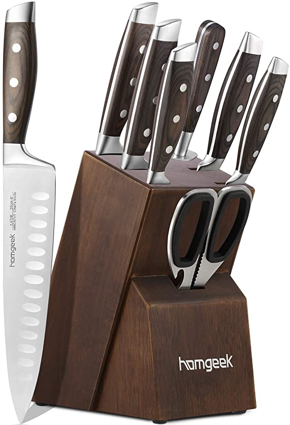 Kitchen Knife Set 8 Piece with Oak Wooden Block Sharpener and Pakkawood Handle, homgeek High Carbon 1.4116 Stainless Steel Professional Sharp Knife Block Set Chef Knife set Forged, Full-Tang Design