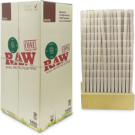RAW Cones Organic King Size: 1400 Count Bulk Box - Pre Rolled Rawthentic Cones Rolling Papers & Tips, Green Blazer Sticker