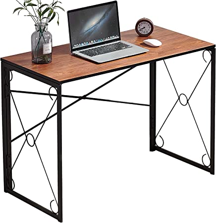 VECELO 40'' Folding Desk No Assembly Required, Foldable Home Office Computer Table with Collapsible Leg for Compact/Small Space, Teak Brown