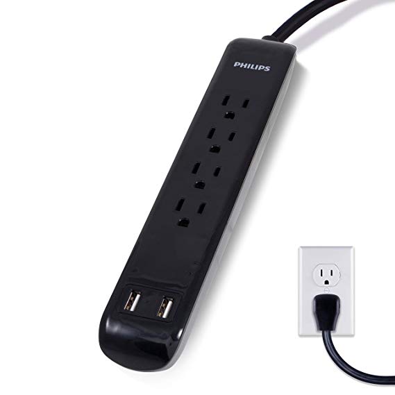 Philips 4 Outlet Power Strip Surge Protector, 2 USB Charging Ports, 3ft Power Cord, Flat Plug, Wall Mount, 450 Joules, ETL Liste