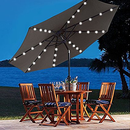 9 ft Solar Powered Patio Umbrella 32 LED Lights with Push Button Tilt Adjustment and Crank System 8 Rib Steel Pole Deluxe Outdoor Market Table Backyard Deck Poolside High-quality Polyester Tan