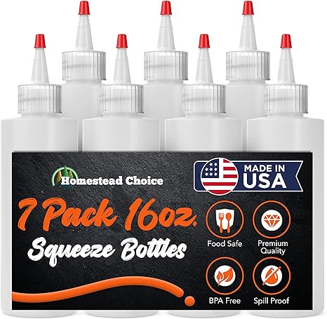7-pack Plastic Squeeze Condiment Bottles - 16 Ounces with Red Cap - Perfect For Ketchup, BBQ, Sauces, Syrup, Condiments, Dressings, Arts and Crafts - BPA-Free - Made in USA