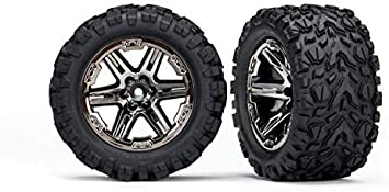 Traxxas 6773X - Rustler 4x4 Tires & Wheels, Assembled, glued (2.8') (RXT Black Chrome Wheels, Talon Extreme Tires, Foam Inserts) (2) (TSM Rated)
