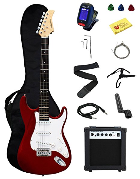 YMC Full Size Electric Guitar with Amp, Case and Accessories Pack Beginner Starter Package - Metallic Red