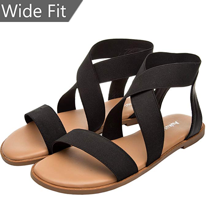 Women's Wide Width Flat Sandals - Open Toe One Band Ankle Strap Flexible Buckle Gladiator Casual Summer Shoes Black