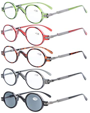 5-Pack Eyekepper Spring Temple Vintage Mini Small Oval Round Reading Glasses Include Sunshine Readers  1.5