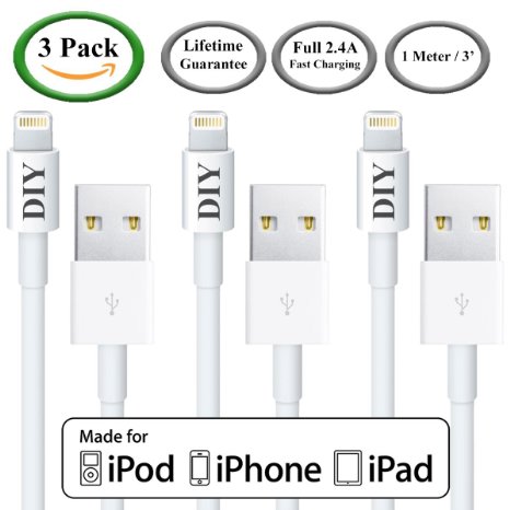 [Apple MFi Certified] [3 Pack] Lightning to USB Charger and Sync Cable for iPhone 6 6Plus 5S 5C 5, iPad Air mini 2, iPad 4th gen, iPod touch 5th gen, iPod nano 7th gen (White - 1 Meter) Extremely Durable with Lifetime Guarantee!