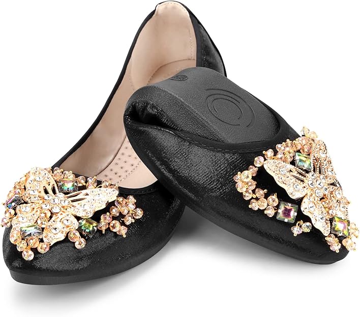 KUNWFNIX Women Ballet Flats Rhinestone Wedding Ballerina Shoes Foldable Sparkly Comfort Slip on Flat Shoes