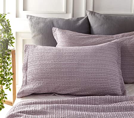 PHF 100% Cotton Pillow Shams for Winter Pack of 2 Yarn Dyed Waffle Weave Pattern Soft Cozy Home Decor No Filling Queen Size Pale Purple