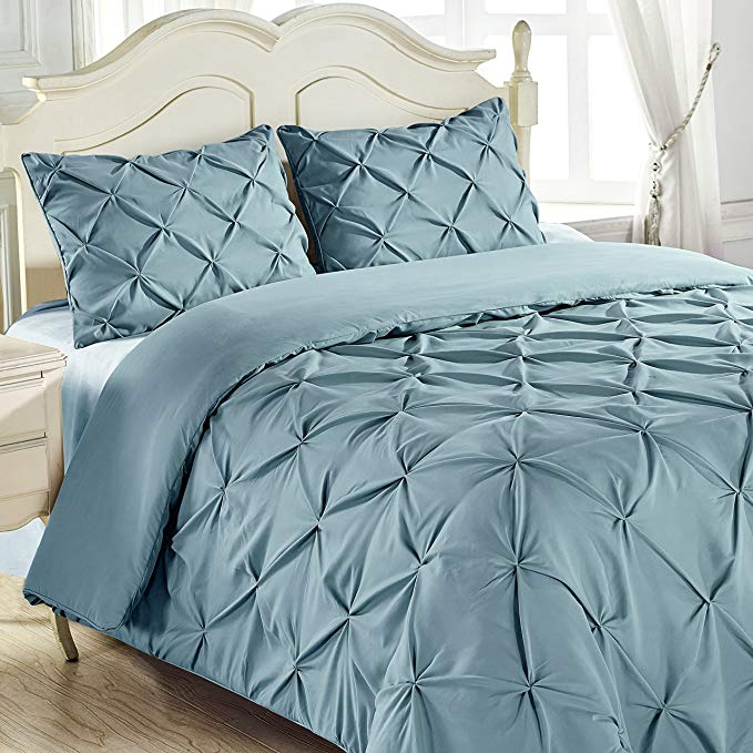 King and Queen Home Reinforced Double Stitch 3 Piece Pinch Pleat Comforter Set (Queen, Spa Blue)