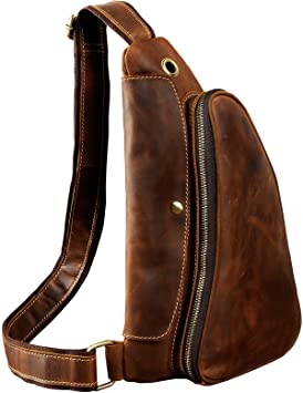 Le'aokuu Leather Sling Bag Cycling One Shoulder Strap Bag Backpack Waist Chest Bag Pack (1-9976 dark brown)