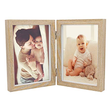 Afuly Double Picture Frame for Baby and Kids 5x7 Vertical Hinged Wooden Photo Frames for Desk Shower Gifts