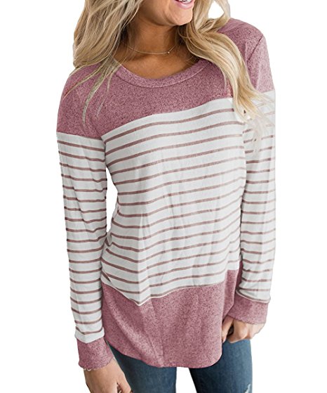 iChunhua Women's Round Neck Color Block Striped Tee Shirts Long Sleeve Causal Blouses Tops
