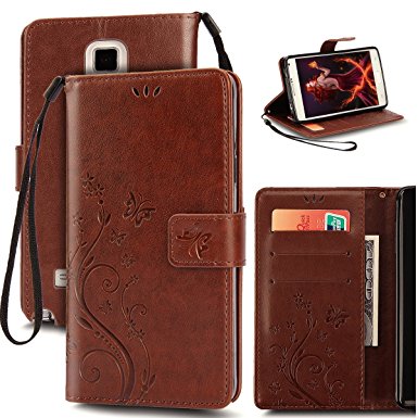 Galaxy Note 4 Case,ihreesy Samsung Galaxy Note 4 Wallet Case Emboss Flower Butterfly [Wrist Strap] Flip Folio Magnetic [Kickstand] PU Leather Wallet Case with Credit ID Card Holders,Brown