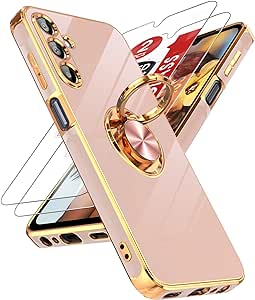 LeYi for Samsung A15 5G Case: Samsung Galaxy A15 5G Case with 2 PCS Screen Protector, 360° Rotatable Ring Holder, Magnetic Kickstand, Plating Gold Edge Protective Case for A15 Samsung/A 15, Pink