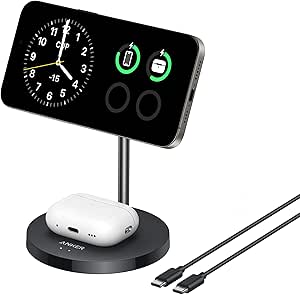 Anker MagGo 15W Magsafe Ladegerät kompatibel, 2-in-1 Induktive Ladestation, Qi2 Wireless Charger für iPhone 16/15/14/13/12, AirPods Pro, Mit 1,5m USB C Kabel, ohne Netzteil