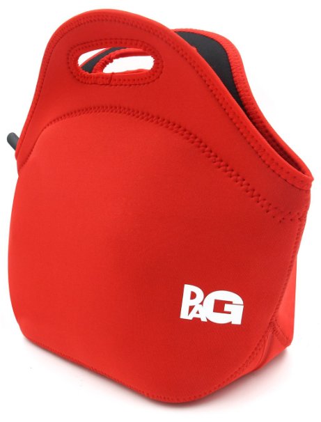 PAG Neoprene Lunch Bag Tote with Heavy Duty Zipper and Inner Packet Design, Red [10 X 9.8 X 6 Inches]