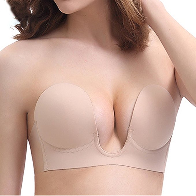 PrettyQueen Self Adhesive Bra Plunge Push up Strapless Bras Invisible Backless Bra for Women