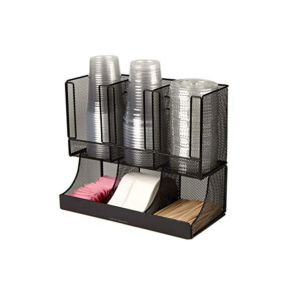 Mind Reader 6 Compartment Upright Breakroom Coffee Condiment and Cup Storage Organizer, Black Metal Mesh