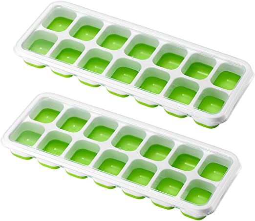 TOPELEK Ice Cube Trays 2 Pack, Easy-Release Silicone and Flexible 14-Ice Trays with Spill-Resistant Removable Lid, LFGB Certified and BPA Free, Stackable Durable and Dishwasher Safe (Green)