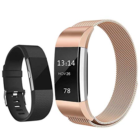 Replacement Bands Compatible for Fitbit Charge 2, Stainless Steel Metal Magnetic Strap and Extra Silicone Replacement Bands (Rose Gold   Black Large)