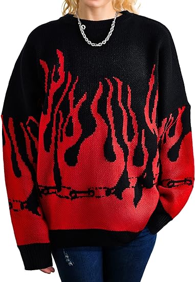 SATINIOR Women Long Sleeve Flame Bat Sleeve Jumper Oversized Casual Knitting Sweater Flame Pullover Bat Sleeve