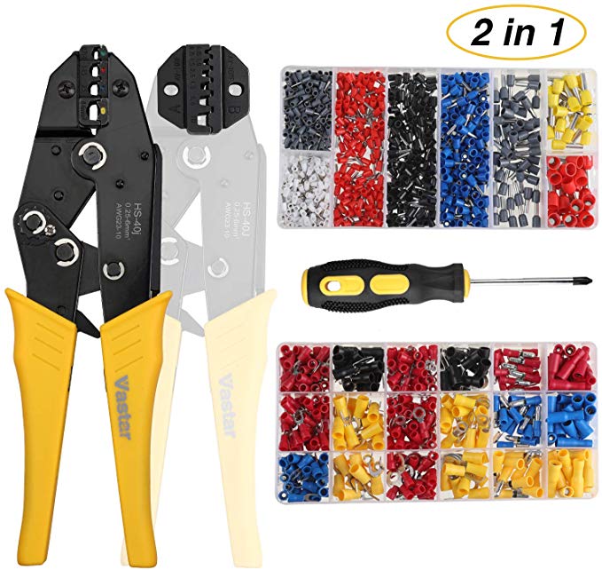 Vastar 2 in 1 Insulated Ratcheting Wire Terminals Crimper （AWG23-10,AWG23-7）- Crimper Plier Set with 2 Types of Insulated Butt Bullet Spade Fork Ring Crimp Terminals Connectors, with Screwdriver