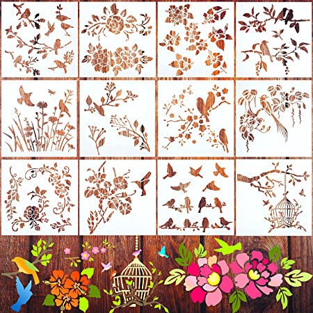 12 Pieces Flower Painting Stencil Painting Template Bird Painting Stencil Reusable Painting Template for Floor Wood Wall Home Decor