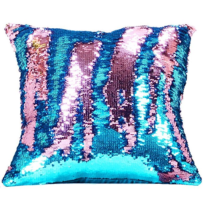 Wonder4 Sequin Pillow Case 1616 inches Reversible Cushion Cover Change Color Cotton Linen Couch Mermaid Throw Pillow Cover for Decoration (Pink & Blue)